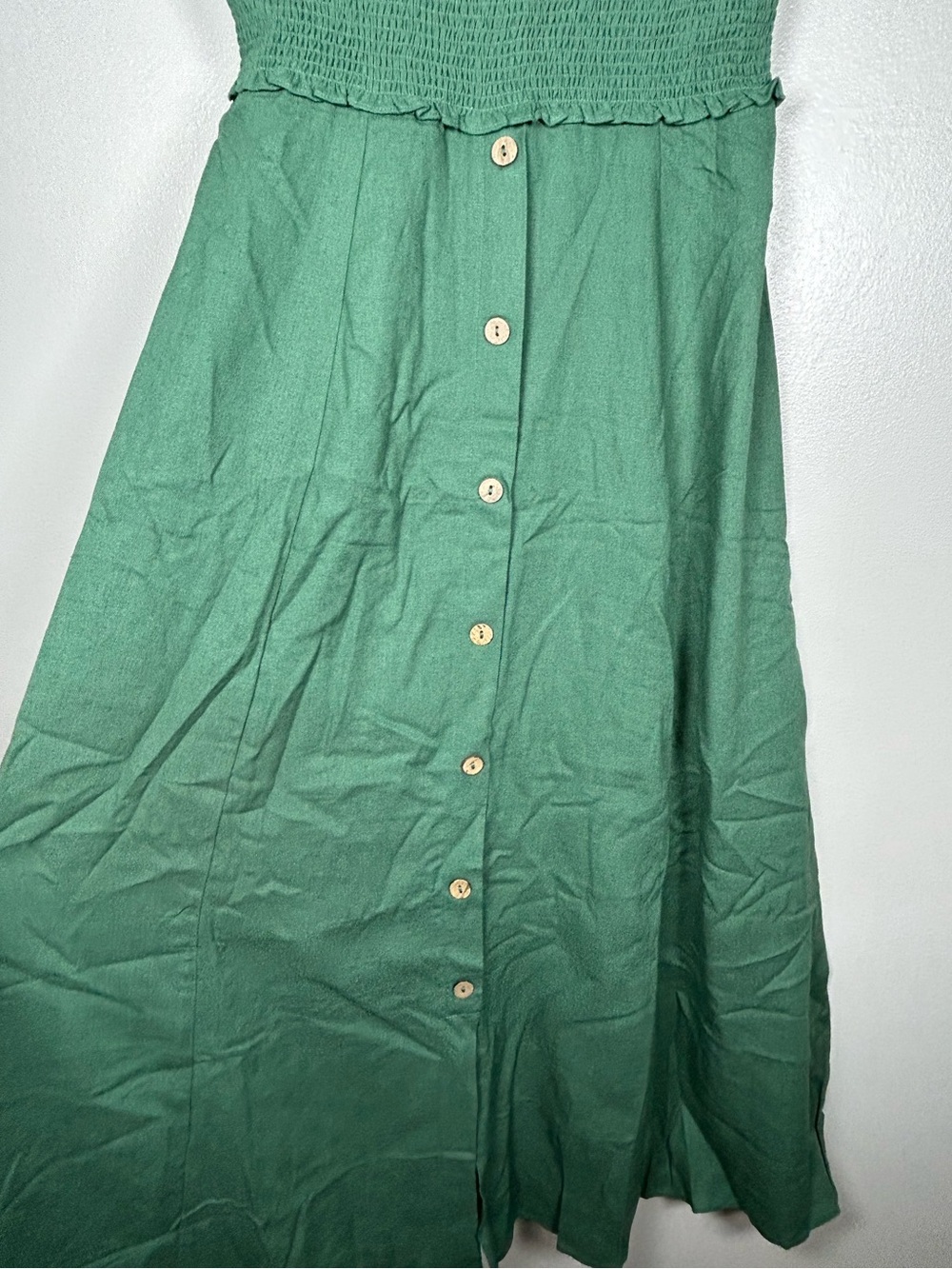 Blu Pepper Moss Green Smocked Linen Blend Midi Dress NWT - Picture 3 of 13